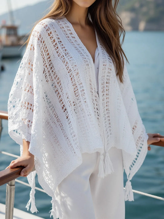 Openwork Tassel Open Front Knit Cover Up - Tigbul's Variety Fashion Shop