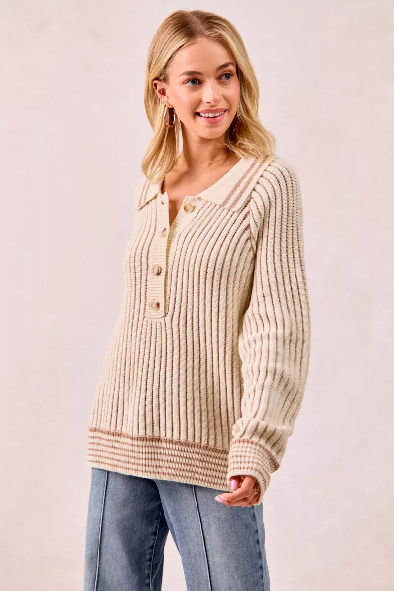 BiBi Half Button Ribbed Two Tone Sweater - Tigbul's Variety Fashion Shop