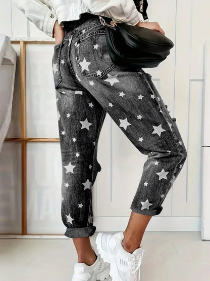 Star Print Distressed High Waist Boyfriend Jeans - Tigbul's Variety Fashion Shop