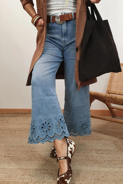 Lace Detail Cropped Wide Leg Jeans - Tigbul's Variety Fashion Shop