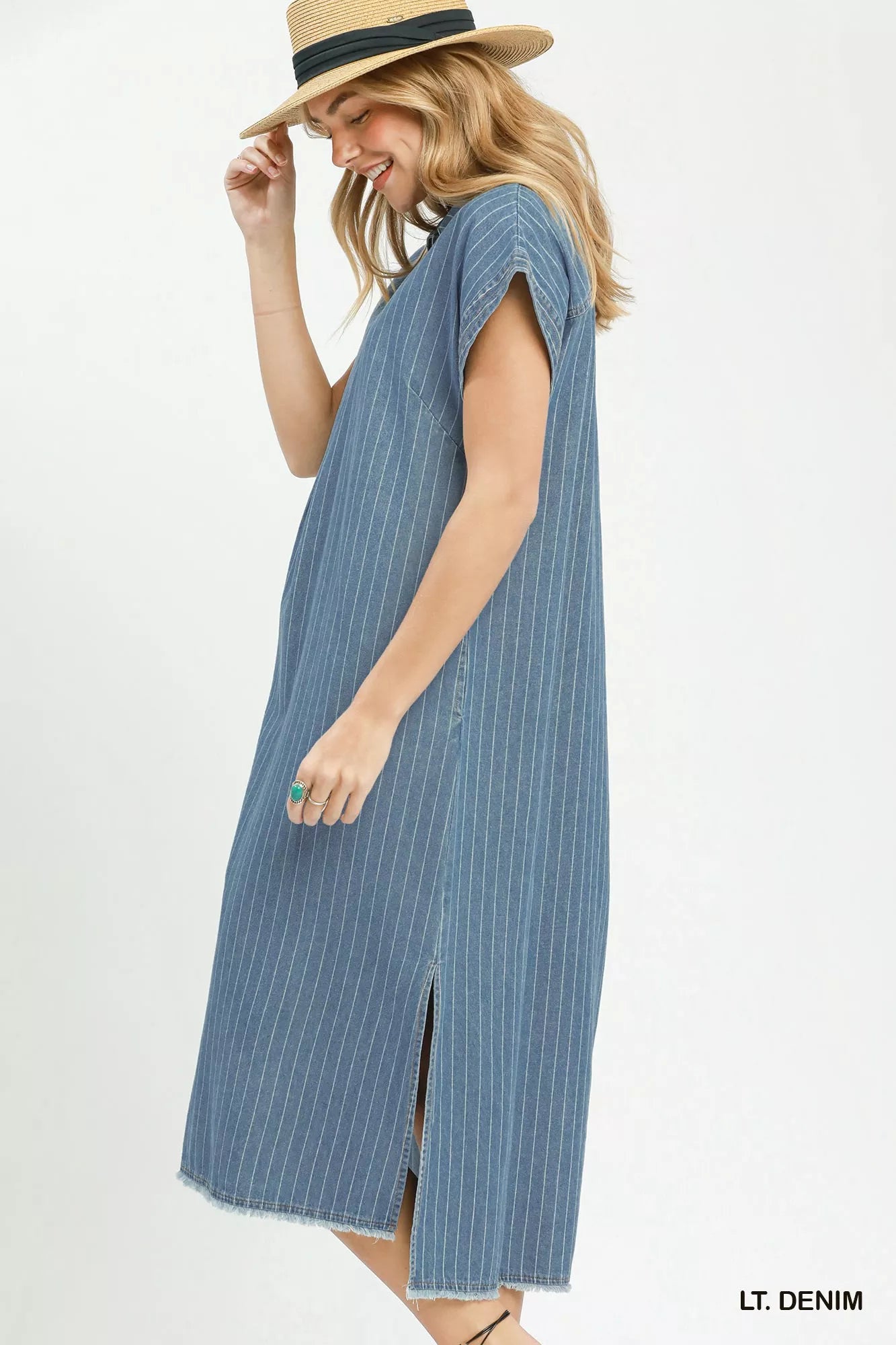 Umgee Pinstripe Denim Collared Midi Dress with Side Slits - Tigbul's Variety Fashion Shop
