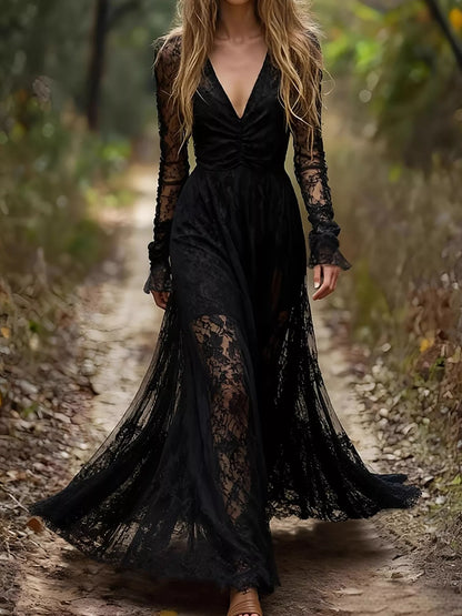 Lace Long Sleeve Maxi Dress - Tigbul's Variety Fashion Shop