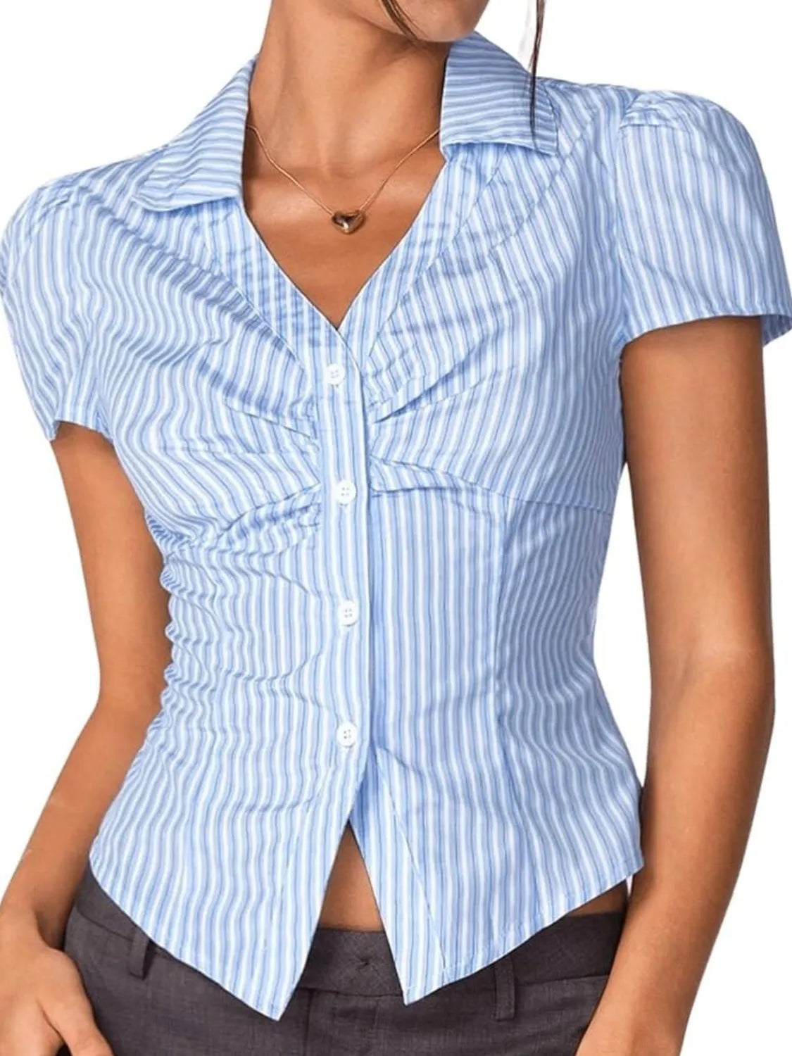 Striped Collared Neck Short Sleeve Shirt - Tigbul's Variety Fashion Shop
