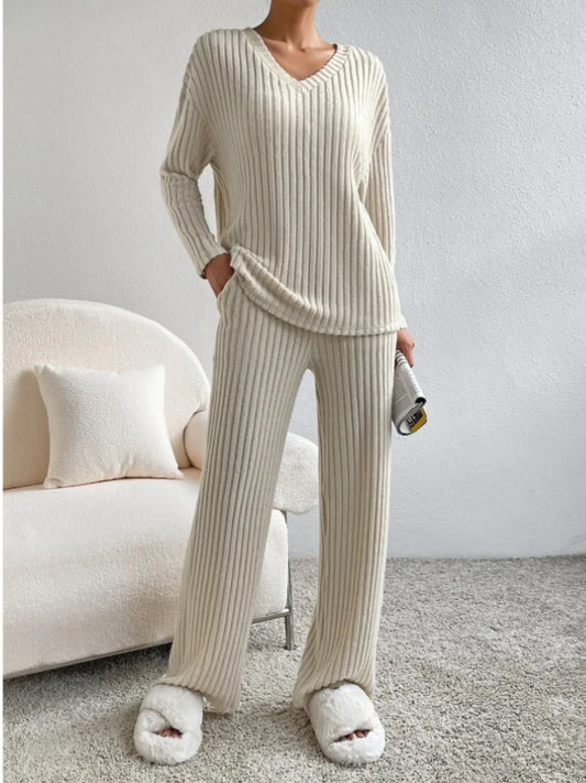 Ribbed Knit V-Neck Top and Pants Lounge Set - Tigbul's Variety Fashion Shop