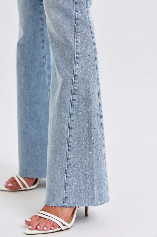 Judy Blue Full Size Midi Rise Rhinestone Side Panel Detail Flare Jeans Plus Size - Tigbul's Variety Fashion Shop