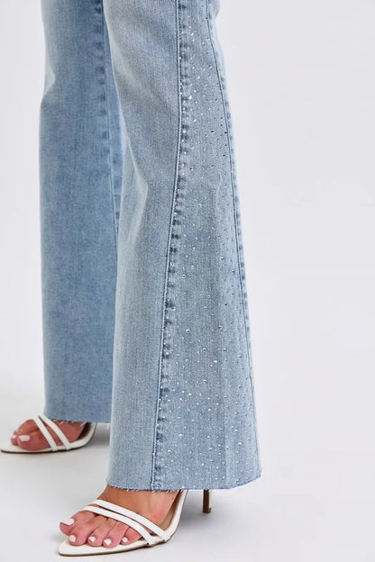 Judy Blue Full Size Midi Rise Rhinestone Side Panel Detail Flare Jeans Plus Size - Tigbul's Variety Fashion Shop