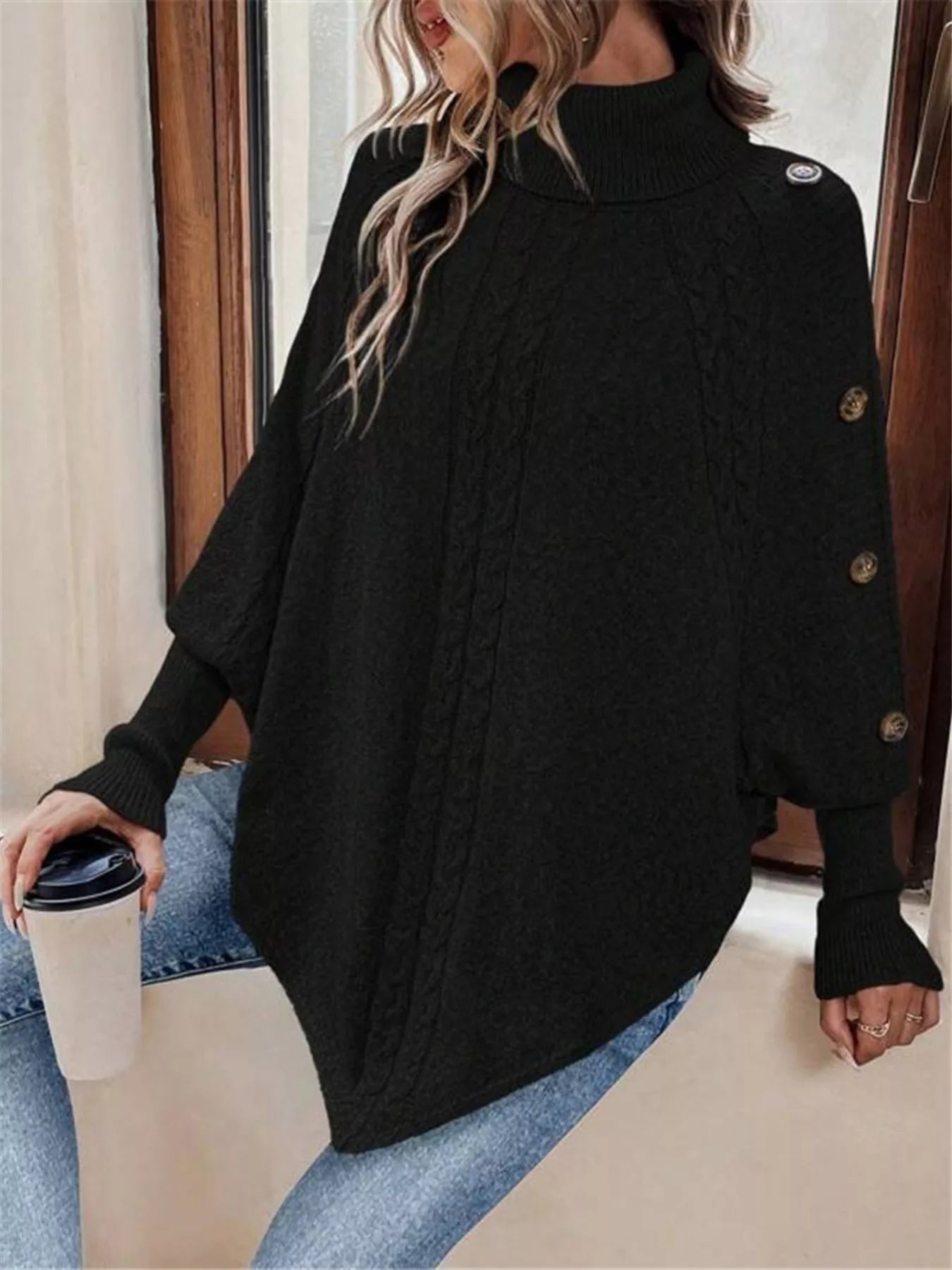 Cable Knit Turtleneck Cape Sweater - Tigbul's Variety Fashion Shop