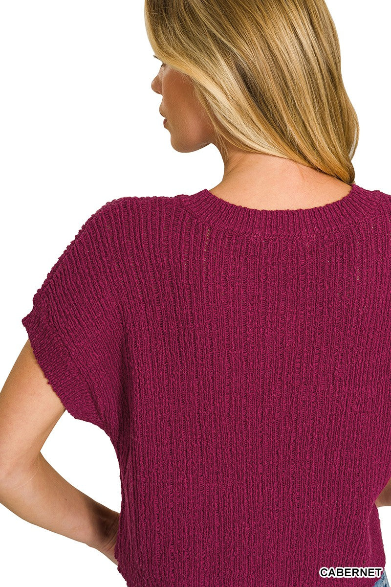 Zenana textured knit cropped sweater, CABERNET; short sleeve back view