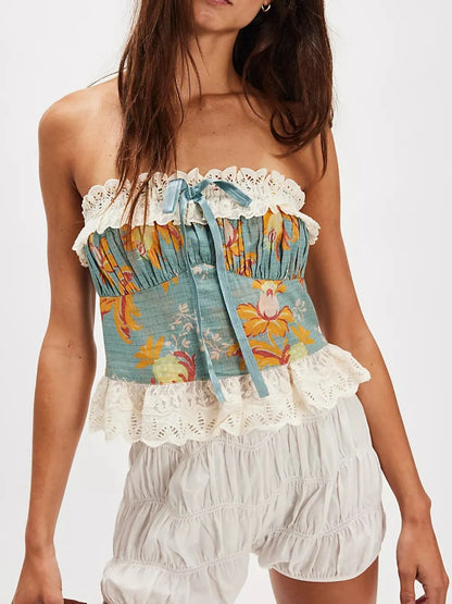 Floral Print Lace Trim Tube Top - Tigbul's Variety Fashion Shop