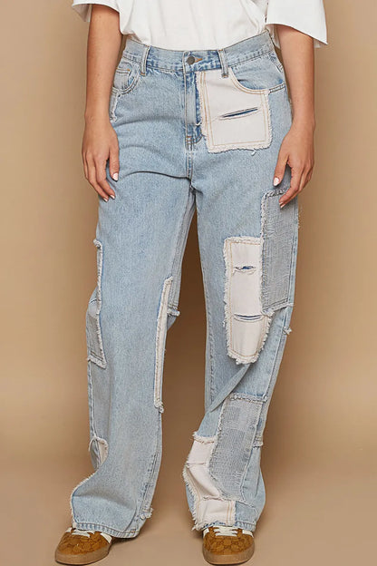 POL Contrast Patched Raw Hem Straight Jeans - Tigbul's Variety Fashion Shop