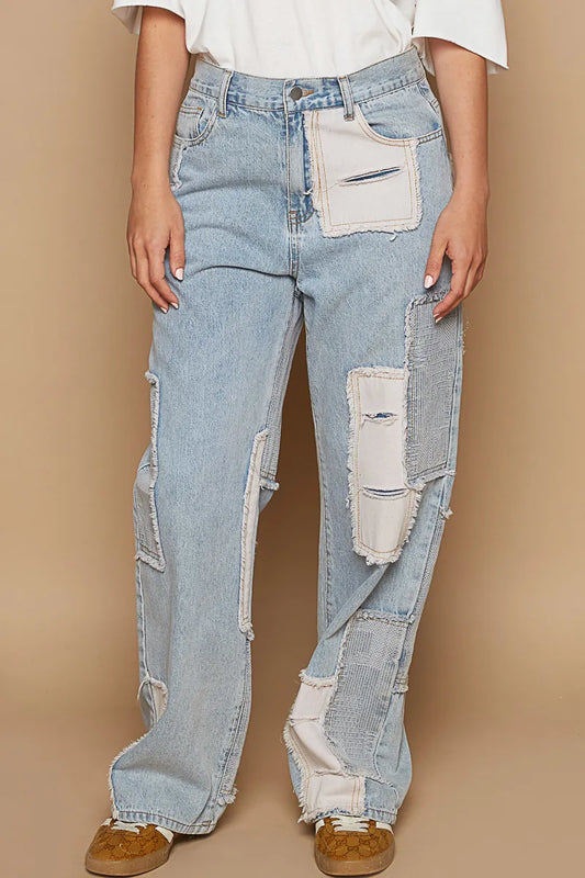POL Contrast Patched Raw Hem Straight Jeans - Tigbul's Variety Fashion Shop