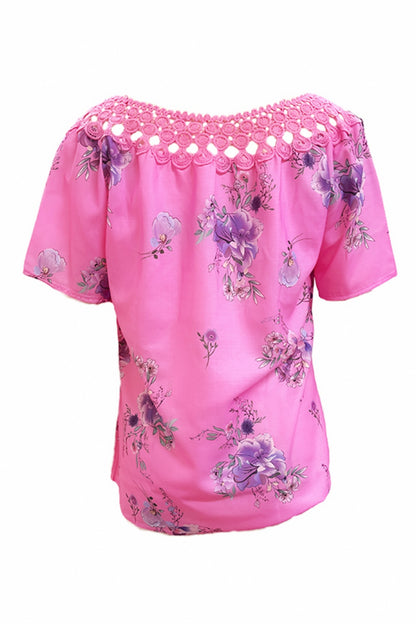 Full Size Printed Tie Neck Short Sleeve Blouse - Tigbul's Variety Fashion Shop