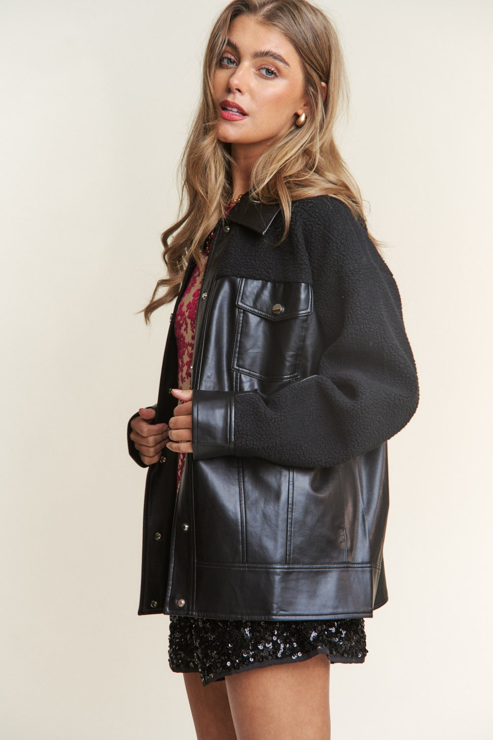 Faux Leather Sherpa Contrast Snap Down Jacket - Tigbul's Variety Fashion Shop