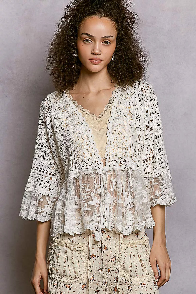 POL Floral Lace Short Sleeve Crochet Cardigan with Tassel Tie - Tigbul's Variety Fashion Shop