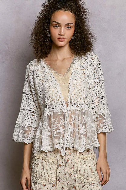 POL Floral Lace Short Sleeve Crochet Cardigan with Tassel Tie - Tigbul's Variety Fashion Shop