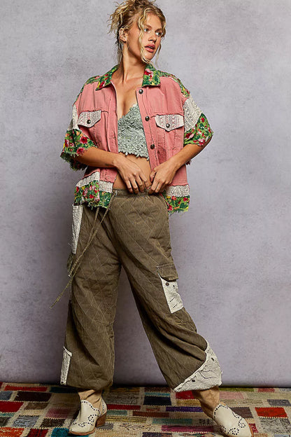 POL Lace Patch Floral Half Sleeve Shacket - Tigbul's Variety Fashion Shop