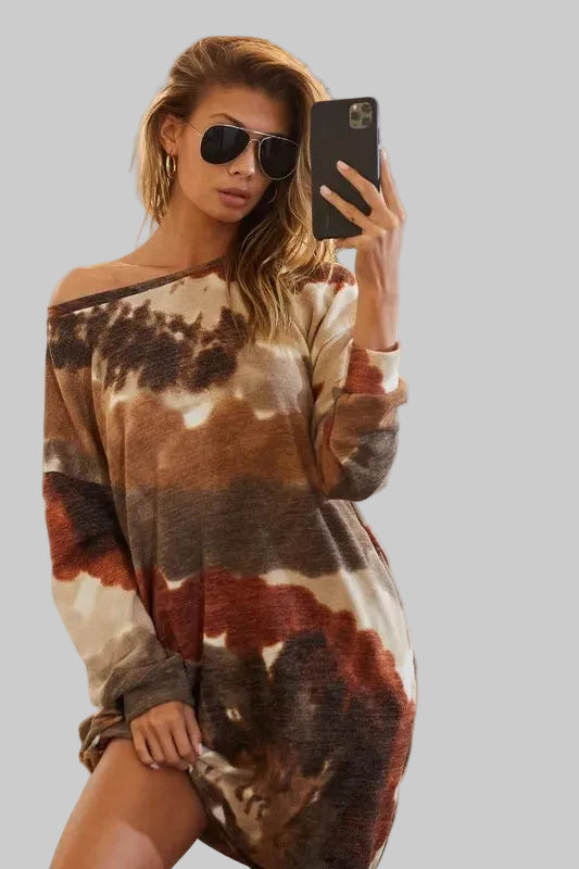 Knit-Kleid mit Tie-Dye Rust/Olive, lange Ärmel, runder Ausschnitt, lockere Passform