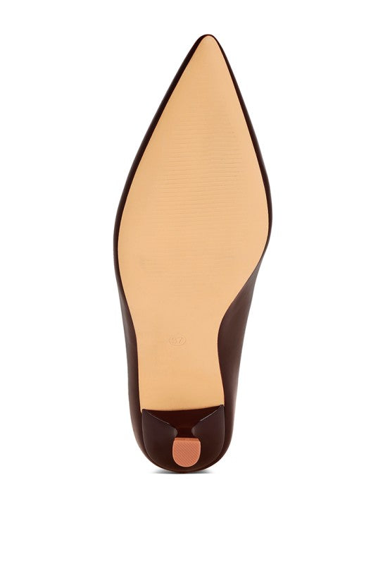 Brown pointed-toe pump heel, heel and sole view with slender stiletto