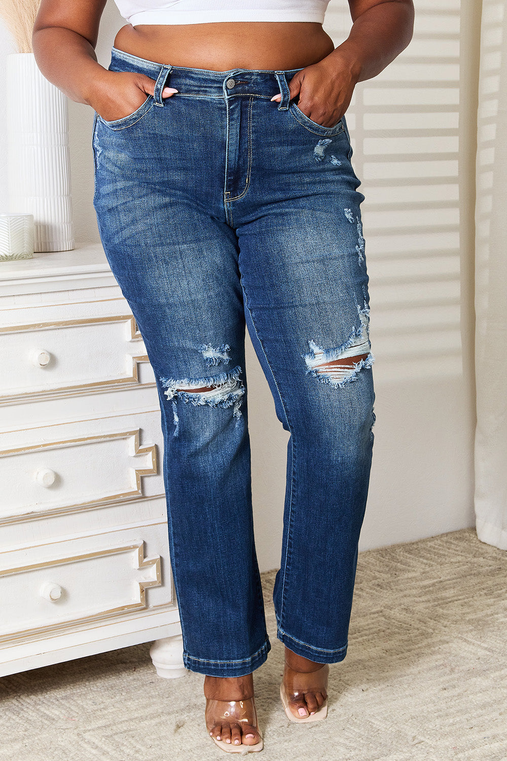 Judy Blue Full Size Mid Rise Hand Sand & Destroy Bootcut Jeans - Tigbul's Variety Fashion Shop
