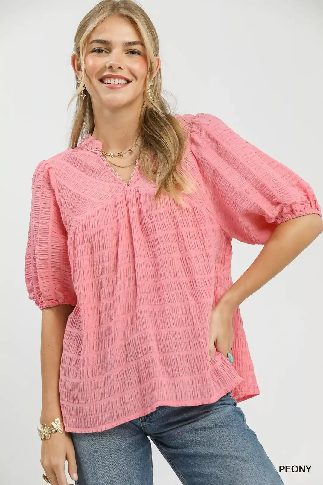 Peony textured puff-sleeve blouse with V-neck and pintuck stripe pattern