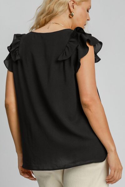 Black V-Neck Double Layered Ruffle Sleeve Blouse - Tigbul's Variety Fashion Shop
