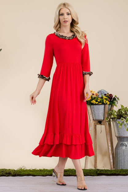 Small - 3XL Coral Leopard Ruffle Detail Midi Dress - Tigbul's Variety Fashion Shop