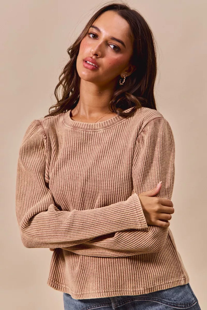 SO ME Mineral Washed Waffle Top With Puff Sleeves - Tigbul's Variety Fashion Shop