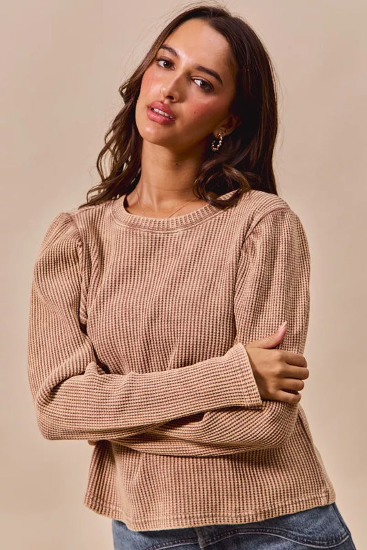 SO ME Mineral Washed Waffle Top With Puff Sleeves - Tigbul's Variety Fashion Shop