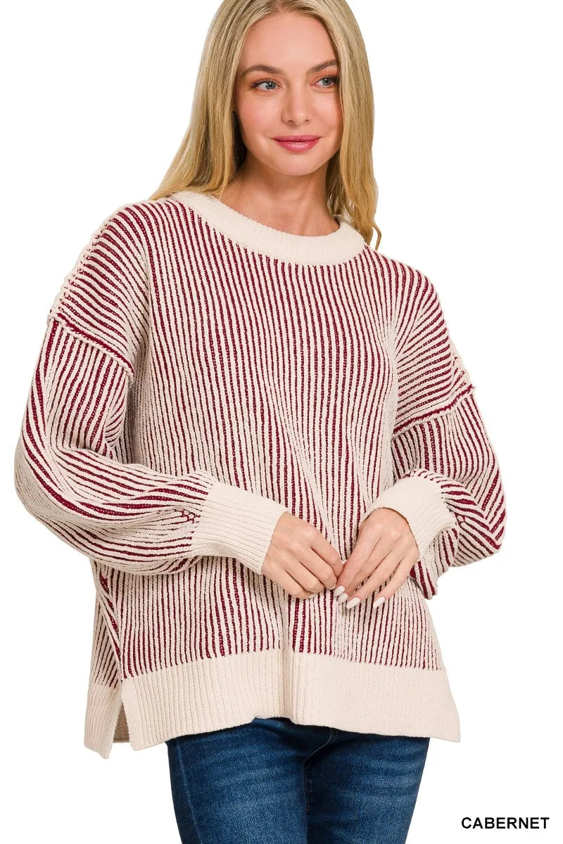 Zenana Two Tone Crewneck Sweater - Tigbul's Variety Fashion Shop