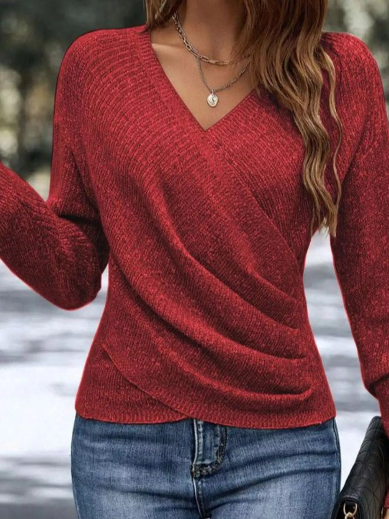 Surplice Long Sleeve Knit Top - Tigbul's Variety Fashion Shop