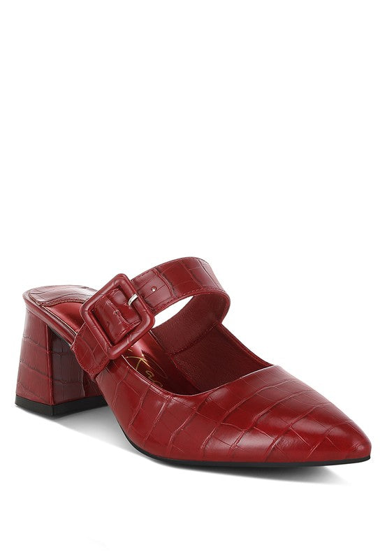Dk Red croc-texture mules with square buckle strap and chunky block heel