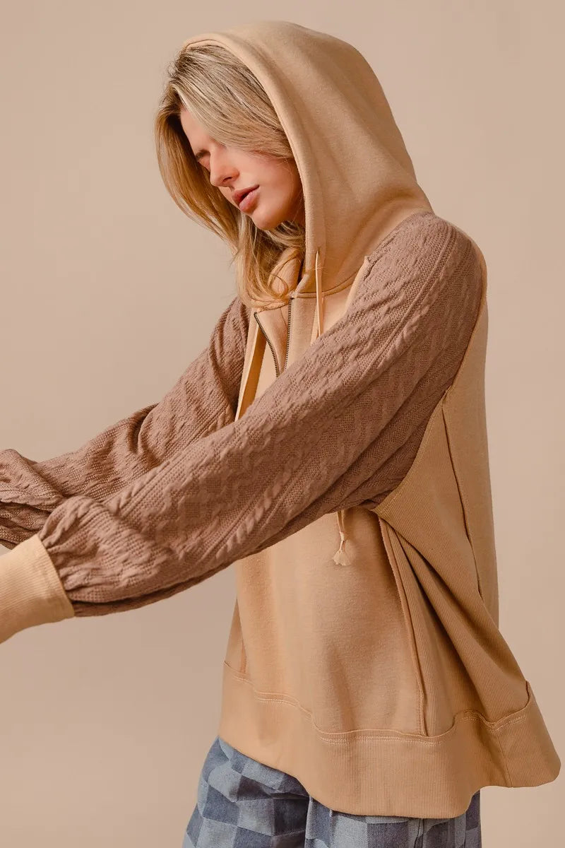 BiBi Half Zip French Terry Hoodie with Kint Sleeves - Tigbul's Variety Fashion Shop