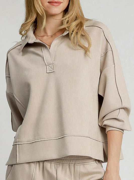 Umgee Exposed Seam Long Sleeve Polo Top with Side Slit - Tigbul's Variety Fashion Shop