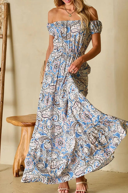 Boho Paisley Print Off Shoulder Maxi Dress - Tigbul's Variety Fashion Shop