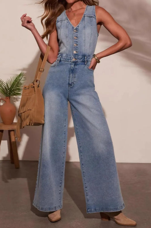 V-neck Wide Leg Denim Jumpsuit - Tigbul's Variety Fashion Shop