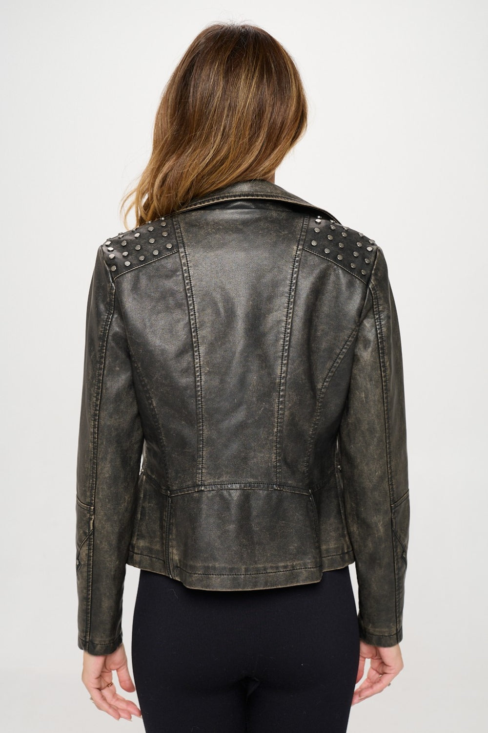 Brown Studded Classic Moto Faux Leather Jacket - Tigbul's Variety Fashion Shop