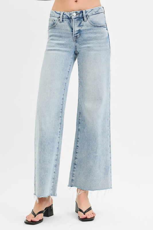 RISEN Full Size Tummy Control Low Rise Wide Leg Raw Cut Hem Jeans Plus Size - Tigbul's Variety Fashion Shop