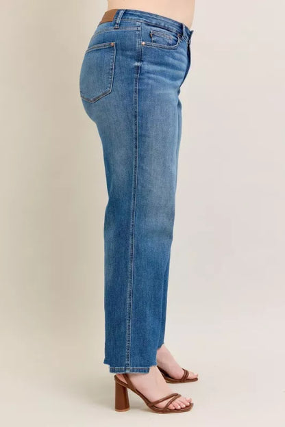 Judy Blue Full Size High Waist Tummy Control Chew Hem Destroy Wide Jeans Plus Size - Tigbul's Variety Fashion Shop