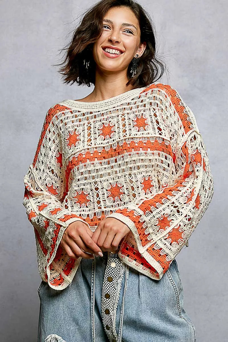 POL Boat Neck Long Sleeve Crochet Top with Granny Square Weaving - Tigbul's Variety Fashion Shop
