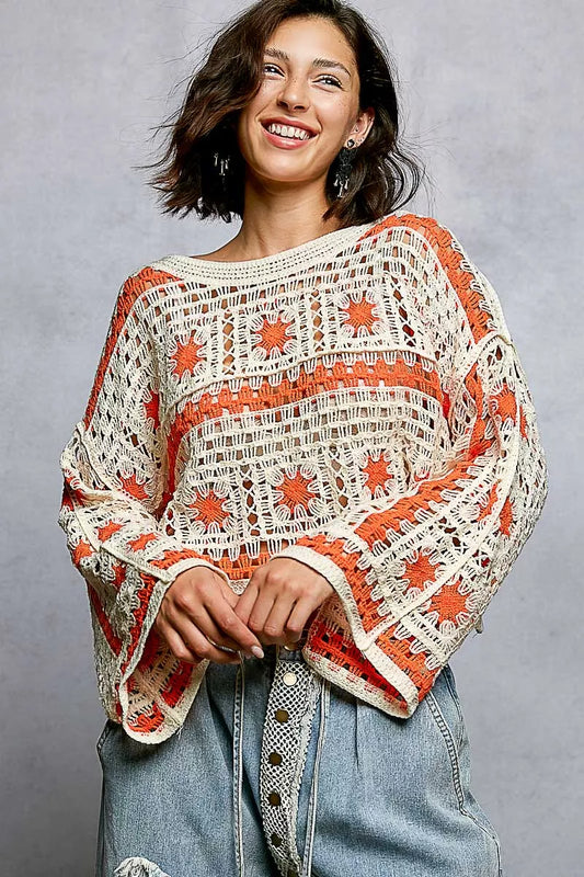 POL Boat Neck Long Sleeve Crochet Top with Granny Square Weaving - Tigbul's Variety Fashion Shop