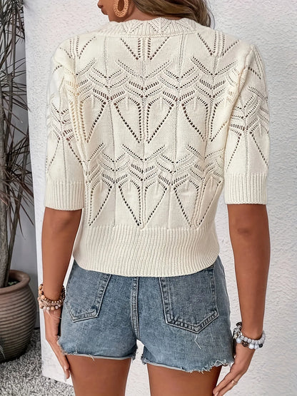 Openwork Round Neck Half Sleeve Sweater - Tigbul's Variety Fashion Shop