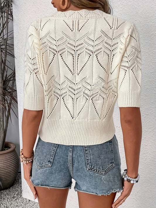 Openwork Round Neck Half Sleeve Sweater - Tigbul's Variety Fashion Shop
