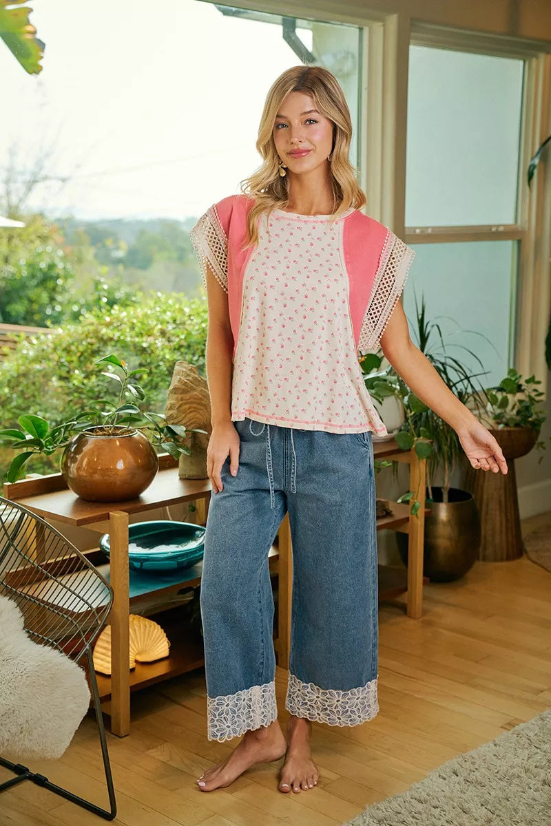 Washed Denim Elastic Waist Flower Lace Trim Pants | Tigbuls