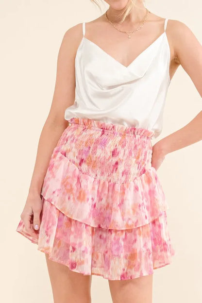 Printed Lurex Smocked Waist Tiered Skort - Tigbul's Variety Fashion Shop