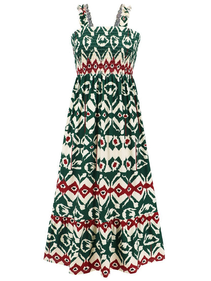 Smocked Printed Square Neck Sleeveless Dress - Tigbuls Variety Fashion