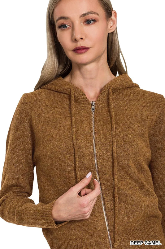 Zenana Drawstring Zip Up Hooded Cardigan - Tigbul's Variety Fashion Shop