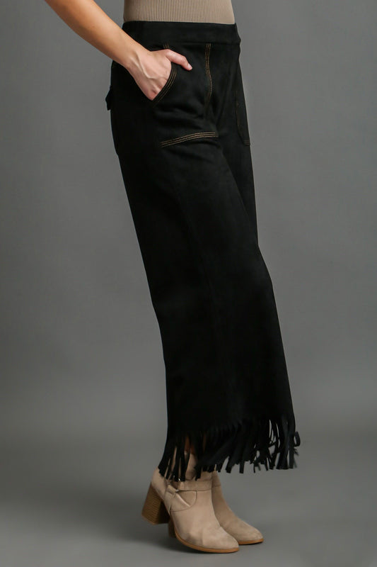 Umgee Full Size Suede Fringe Hem Wide Leg Pants Plus Size - Tigbul's Variety Fashion Shop