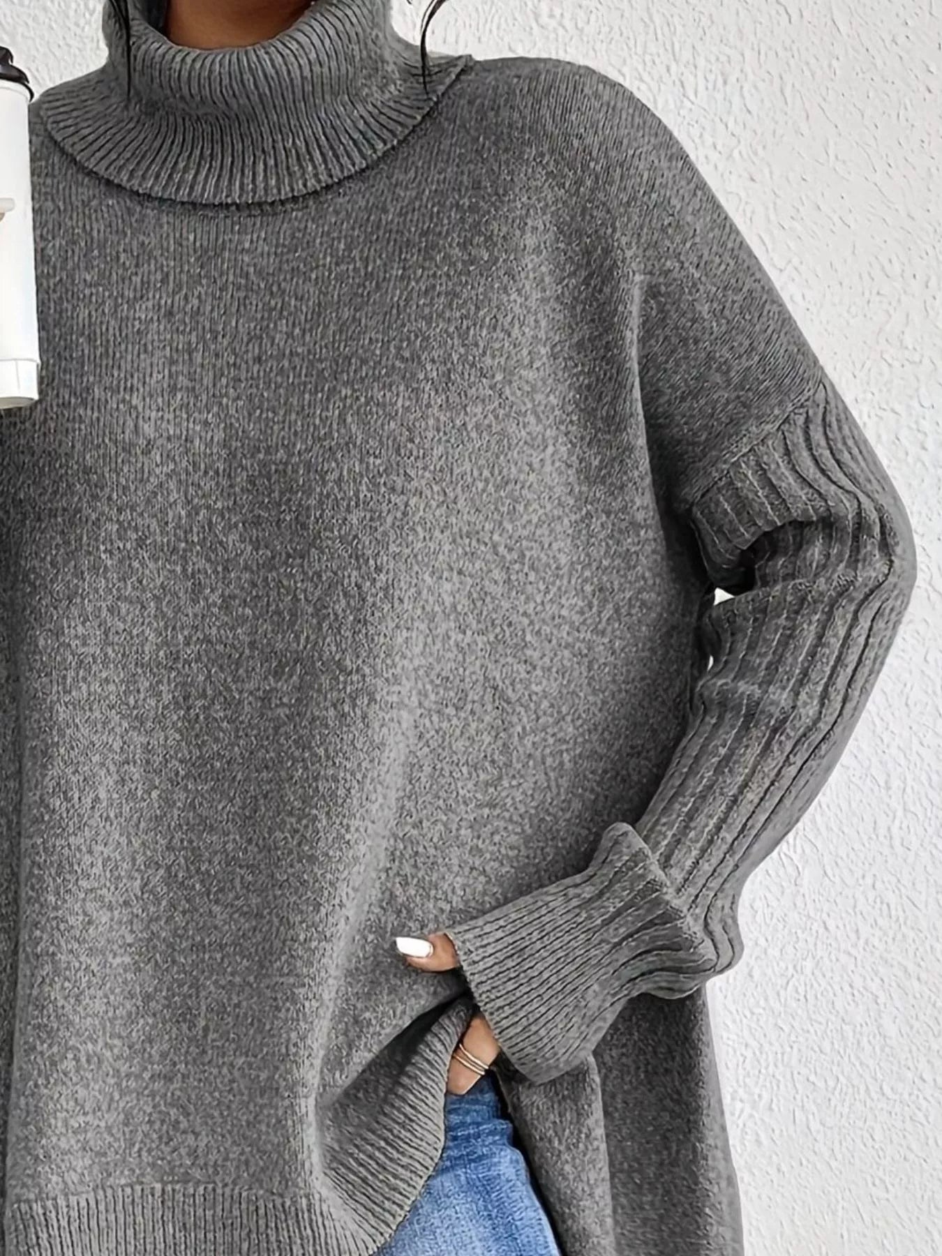 Turtleneck Dropped Shoulder Sweater - Tigbul's Variety Fashion Shop