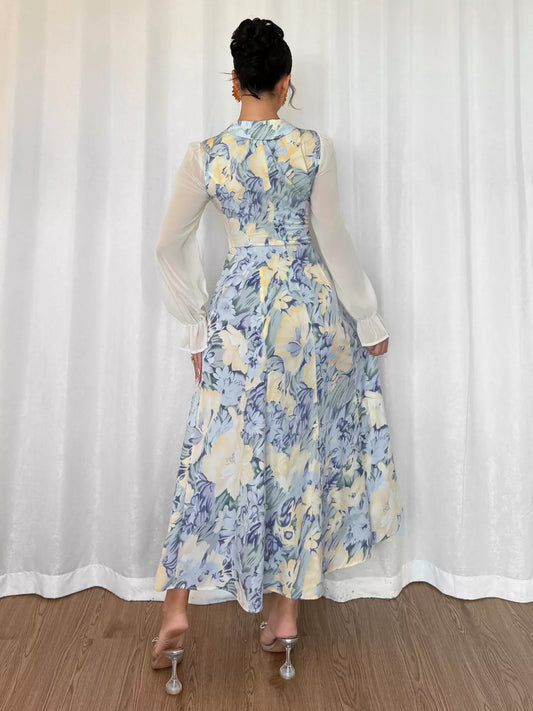 Floral Print Sheer Flounce Sleeves Dress - Tigbul's Variety Fashion Shop