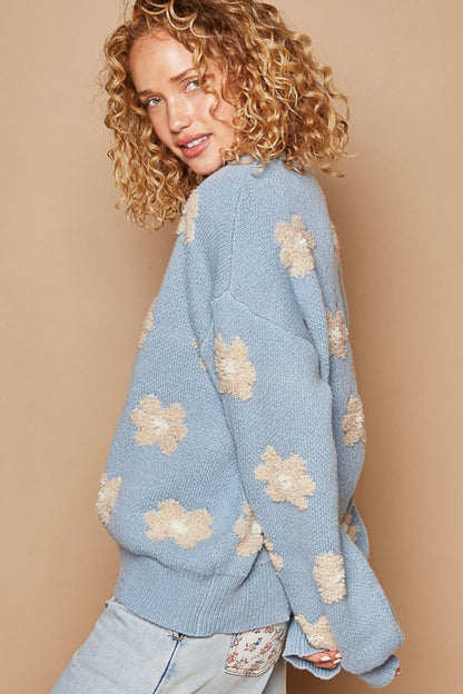 Blue Daisy Pattern Drop Shoulder Sweater - Tigbul's Variety Fashion Shop